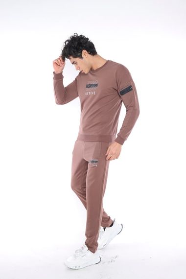 بدلة رياضية ضيقة للرجال من Escetic Brown مكونة من 3 خيوط قابلة للتنفس من القطن المطبوع A3032 - صورة 4