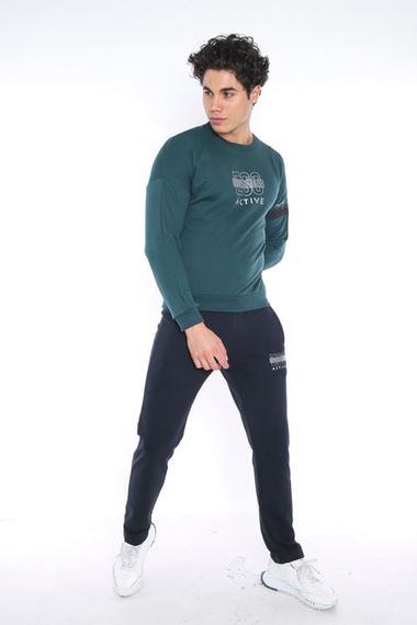 Escetic Yeşil Erkek 3 İplik Nefes Alabilen Pamuklu Baskılı Spor Slimfit Sweat Takım A3032 - fotoğraf 3