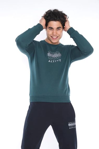 Escetic Yeşil Erkek 3 İplik Nefes Alabilen Pamuklu Baskılı Spor Slimfit Sweat Takım A3032 - fotoğraf 1