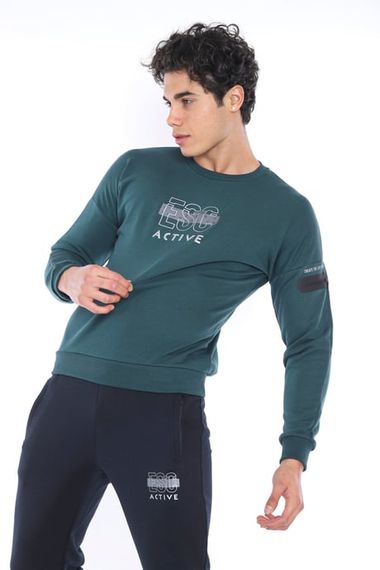 Escetic Yeşil Erkek 3 İplik Nefes Alabilen Pamuklu Baskılı Spor Slimfit Sweat Takım A3032 - fotoğraf 5