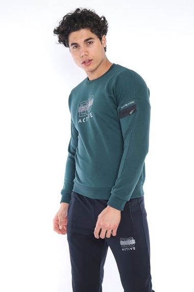 Escetic Yeşil Erkek 3 İplik Nefes Alabilen Pamuklu Baskılı Spor Slimfit Sweat Takım A3032 - fotoğraf 4