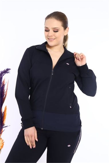 Escetic Kadın Lacivert Battal/Büyük Beden Dik Yaka 4 Mevsim Süper 2 İplik Spor Eşofman Takımı 6542 - fotoğraf 1