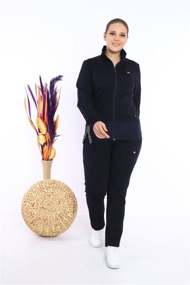 Escetic Kadın Lacivert Battal/Büyük Beden Dik Yaka 4 Mevsim Süper 2 İplik Spor Eşofman Takımı 6542 - fotoğraf 2