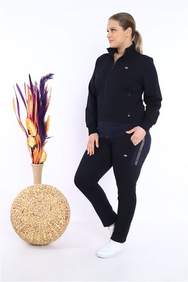 Escetic Kadın Lacivert Battal/Büyük Beden Dik Yaka 4 Mevsim Süper 2 İplik Spor Eşofman Takımı 6542 - fotoğraf 4