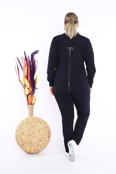 Escetic Kadın Lacivert Battal/Büyük Beden Dik Yaka 4 Mevsim Süper 2 İplik Spor Eşofman Takımı 6542 - fotoğraf 3