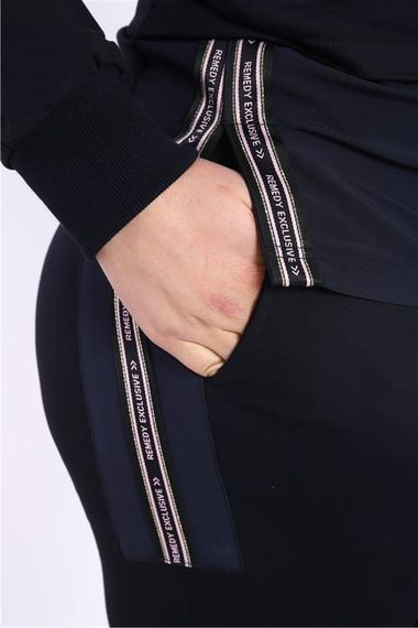 Escetic Kadın Lacivert Battal/Büyük Beden Dik Yaka 4 Mevsim Süper 2 İplik Spor Eşofman Takımı 6542 - fotoğraf 5