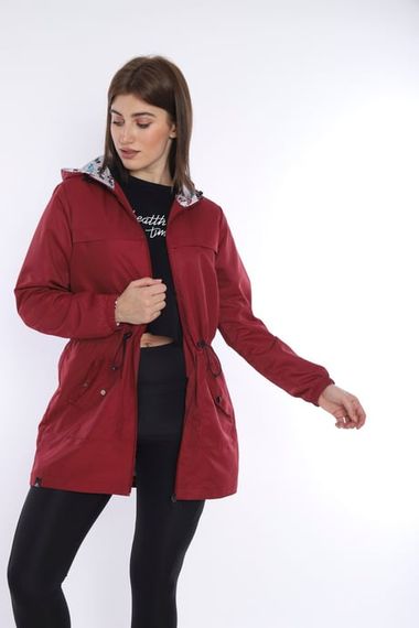 Escetic Women's Burgundy Windbreaker Fixed Hooded Patterned Lined Water Repellent Seasonal Thin Jacket 6562 - photo 3