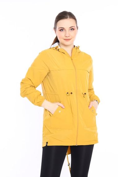 Escetic Women's Mustard Windbreaker 2 Pockets Fixed Hooded Patterned Lined Water Repellent Seasonal Thin Jacket 6562 - photo 1