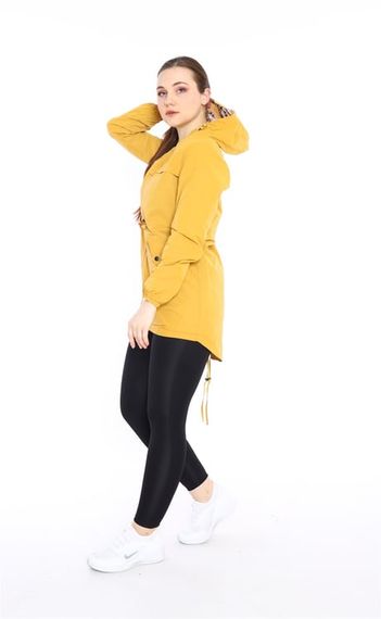 Escetic Women's Mustard Windbreaker 2 Pockets Fixed Hooded Patterned Lined Water Repellent Seasonal Thin Jacket 6562 - photo 5