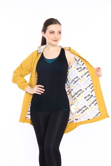 Escetic Women's Mustard Windbreaker 2 Pockets Fixed Hooded Patterned Lined Water Repellent Seasonal Thin Jacket 6562 - photo 4