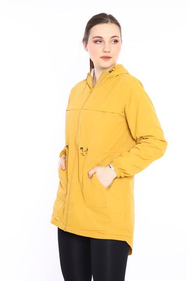 Escetic Women's Mustard Windbreaker 2 Pockets Fixed Hooded Patterned Lined Water Repellent Seasonal Thin Jacket 6562 - photo 3