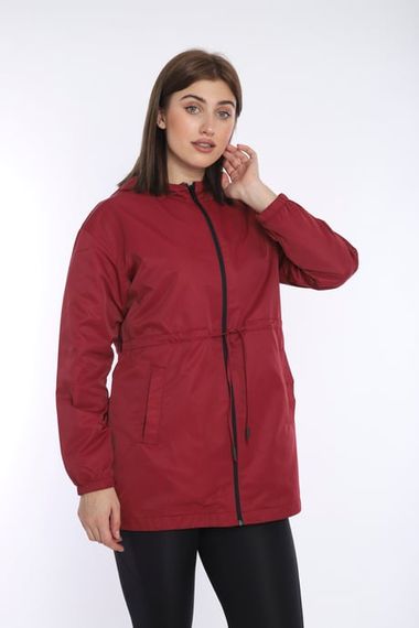 Escetic Women's Claret Red Mesh Lined Pocket Hooded Sports Windbreaker Raincoat Thin Jacket 6723 - photo 3