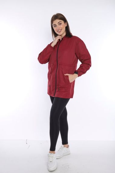 Escetic Women's Claret Red Mesh Lined Pocket Hooded Sports Windbreaker Raincoat Thin Jacket 6723 - photo 4