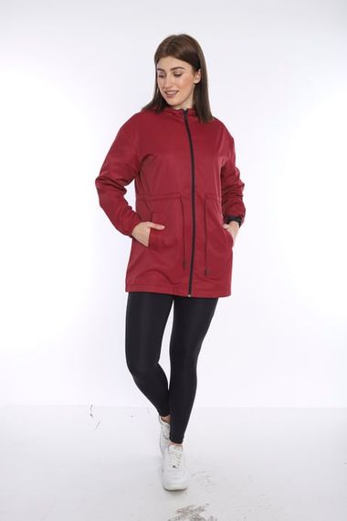 Escetic Women's Claret Red Mesh Lined Pocket Hooded Sports Windbreaker Raincoat Thin Jacket 6723 - photo 5