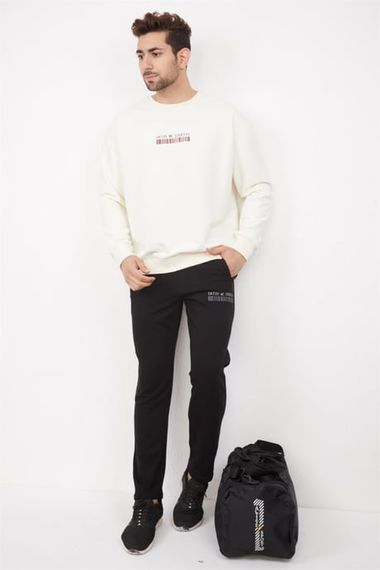 Escetic Ekru Erkek 3 İplik Nefes Alabilen Pamuklu Baskılı Spor Oversize Sweat Takım A3040 - fotoğraf 1
