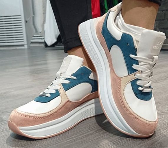 Escetic Beyaz-Pudra Kadın Sneaker Yumuşak Yüksek Taban Bağcıklı Spor Ayakkabı AY0004 - fotoğraf 5