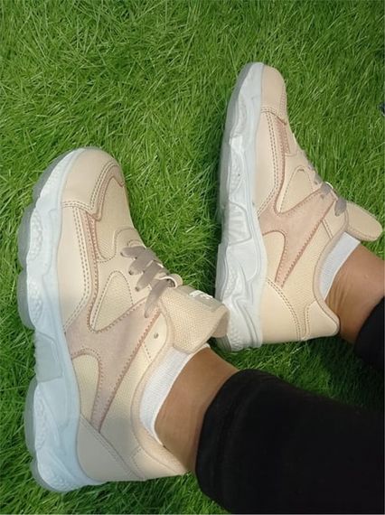 Escetic Beyaz-Bej Kadın Sneaker Yumuşak Yüksek Taban Bağcıklı Spor Ayakkabı AY0005 - fotoğraf 2