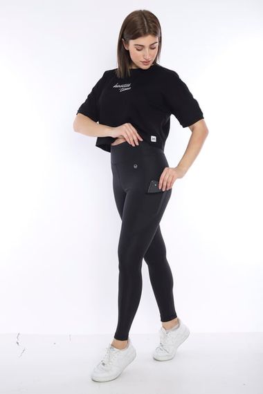 Escetic Black Women's Micro Diving Fabric 2 Pocket Gathering Long Tights B1123 - photo 4