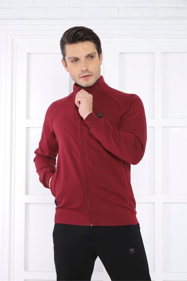 Escetic Claret Red Men's Stand Collar 4 Seasons Breathable Cotton Sports Slimfit Tracksuit Set 6767 - photo 1