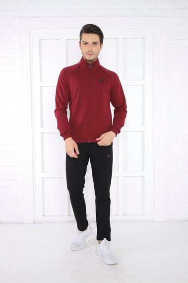 Escetic Claret Red Men's Stand Collar 4 Seasons Breathable Cotton Sports Slimfit Tracksuit Set 6767 - photo 3