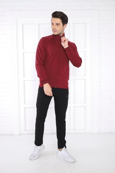 Escetic Claret Red Men's Stand Collar 4 Seasons Breathable Cotton Sports Slimfit Tracksuit Set 6767 - photo 4