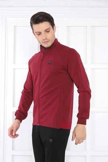Escetic Claret Red Men's Stand Collar 4 Seasons Breathable Cotton Sports Slimfit Tracksuit Set 6767 - photo 2