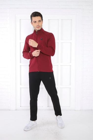 Escetic Claret Red Men's Stand Collar 4 Seasons Breathable Cotton Sports Slimfit Tracksuit Set 6767 - photo 5