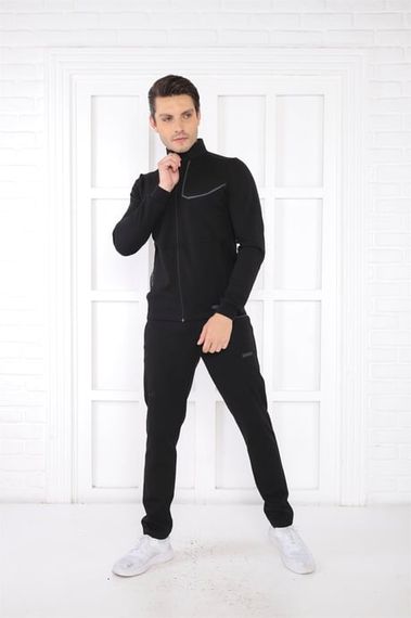 Чорний спортивний костюм Escetic для чоловіків з піднятим коміром, 4 сезони, дихаюча бавовна, slimfit - фото 2