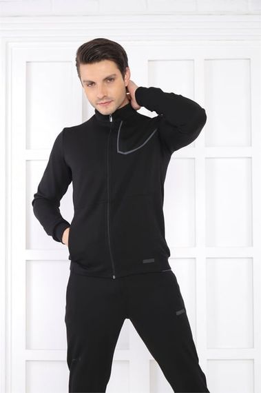 Чорний спортивний костюм Escetic для чоловіків з піднятим коміром, 4 сезони, дихаюча бавовна, slimfit - фото 5