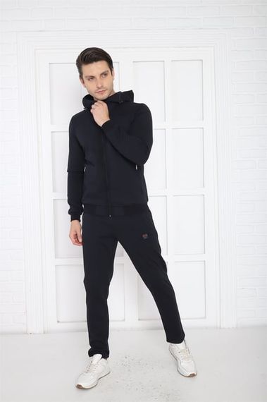 Escetic Lacivert Erkek Kapüşonlu 4 Cepli 4 Mevsim Pamuklu Spor Slimfit Eşofman Takımı 6756 - photo 3