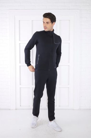 Escetic Lacivert Erkek Dik Yaka 4 Mevsim Nefes Alabilen Pamuklu Spor Slimfit Eşofman Takımı 6793 - صورة 5