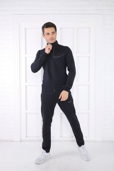 Escetic Lacivert Erkek Dik Yaka 4 Mevsim Nefes Alabilen Pamuklu Spor Slimfit Eşofman Takımı 6793 - صورة 3