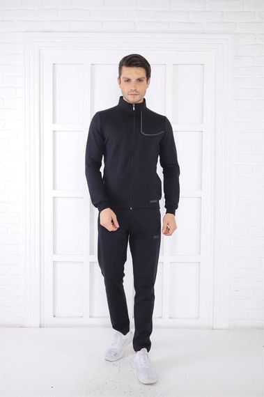 Escetic Lacivert Erkek Dik Yaka 4 Mevsim Nefes Alabilen Pamuklu Spor Slimfit Eşofman Takımı 6793 - صورة 4