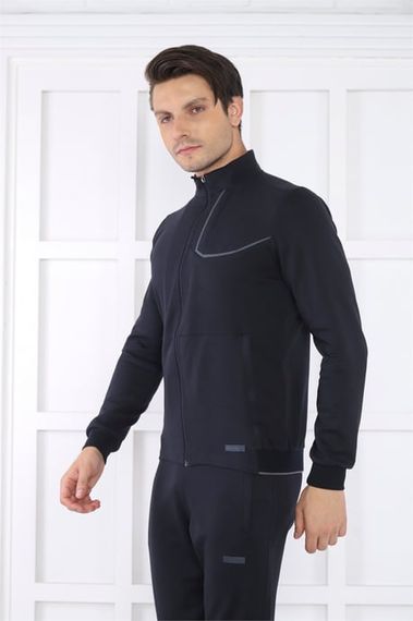 Escetic Lacivert Erkek Dik Yaka 4 Mevsim Nefes Alabilen Pamuklu Spor Slimfit Eşofman Takımı 6793 - صورة 2