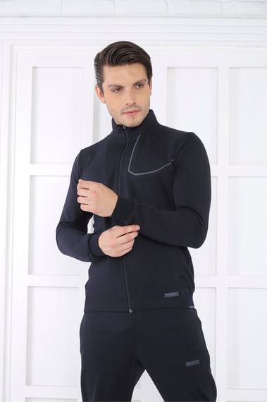 Escetic Lacivert Erkek Dik Yaka 4 Mevsim Nefes Alabilen Pamuklu Spor Slimfit Eşofman Takımı 6793 - صورة 1
