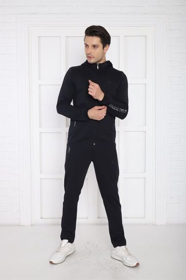 طقم بدلة رياضية من Escetic باللون الأزرق الداكن للرجال بغطاء للرأس مناسب للفصول الأربعة من القطن يسمح بالتهوية 6761 - صورة 3