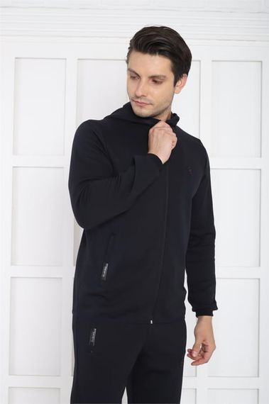 طقم بدلة رياضية من Escetic باللون الأزرق الداكن للرجال بغطاء للرأس مناسب للفصول الأربعة من القطن يسمح بالتهوية 6761 - صورة 4