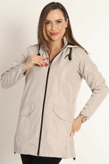 Escetic Beige (Ivory) Women's Removable Hooded Mesh Lined Water Repellent Windbreaker Thin Jacket 7085 - photo 1