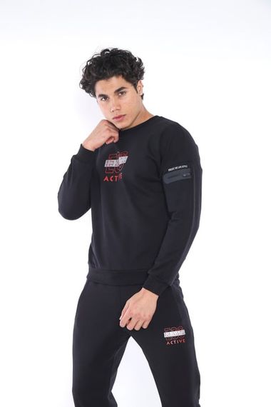 Чоловічий спортивний слімфіт комплект з бавовни Escetic чорного кольору з принтом, дихаючий, довгий рукав та круглий виріз - фото 3