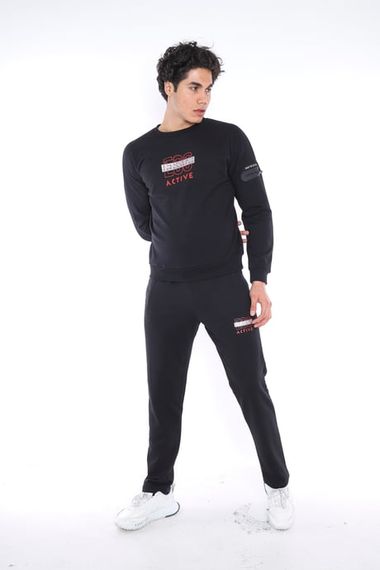 Чоловічий спортивний слімфіт комплект з бавовни Escetic чорного кольору з принтом, дихаючий, довгий рукав та круглий виріз - фото 5