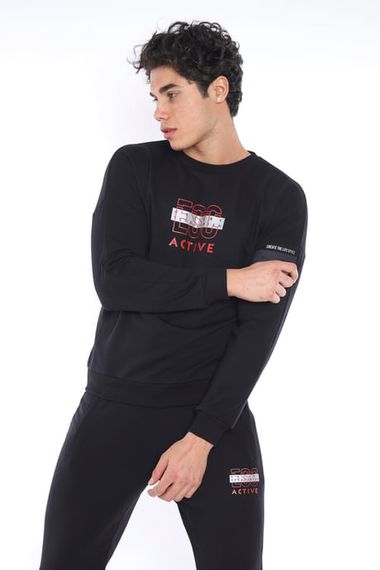Чоловічий спортивний слімфіт комплект з бавовни Escetic чорного кольору з принтом, дихаючий, довгий рукав та круглий виріз - фото 4