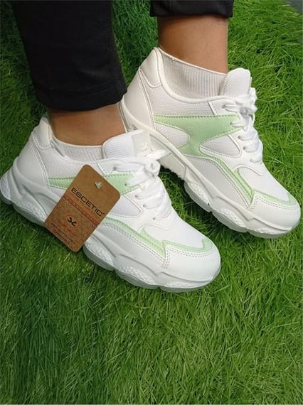 Escetic Beyaz-Yeşil Kadın Sneaker Yumuşak Yüksek Taban Bağcıklı Spor Ayakkabı AY0005 - fotoğraf 3