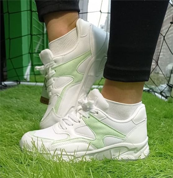 Escetic Beyaz-Yeşil Kadın Sneaker Yumuşak Yüksek Taban Bağcıklı Spor Ayakkabı AY0005 - fotoğraf 4
