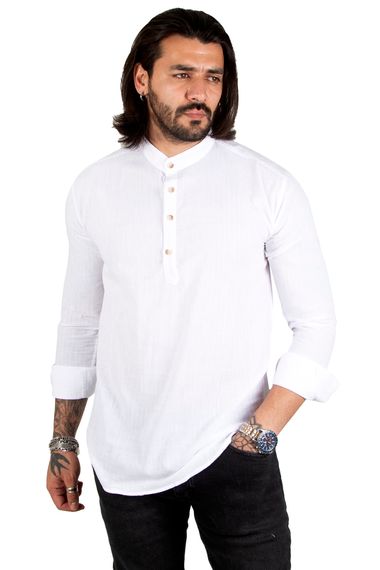 DeepSEA Half Buttoned Striped Patterned Collar Flared Linen Long Sleeve Men's Shirt 2201914 - photo 2