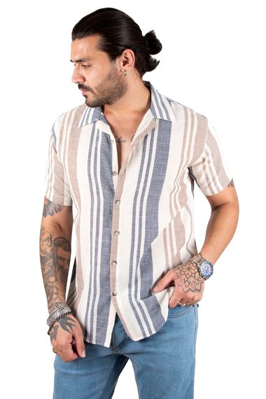 DeepSEA Short Sleeve Buttoned Striped Raw Linen Men's Shirt 2201921 - photo 1