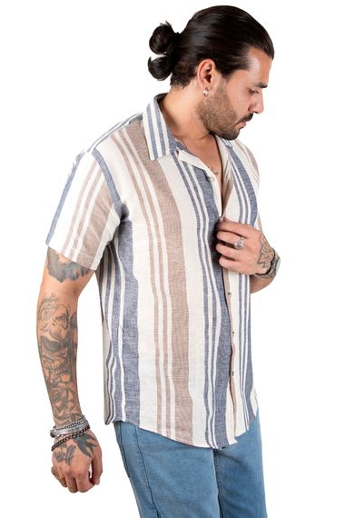 DeepSEA Short Sleeve Buttoned Striped Raw Linen Men's Shirt 2201921 - photo 3