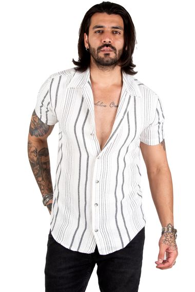 DeepSEA Stripe Patterned Buttoned Open Collar Raw Linen Short Sleeve Men's Shirt 2201913 - photo 1