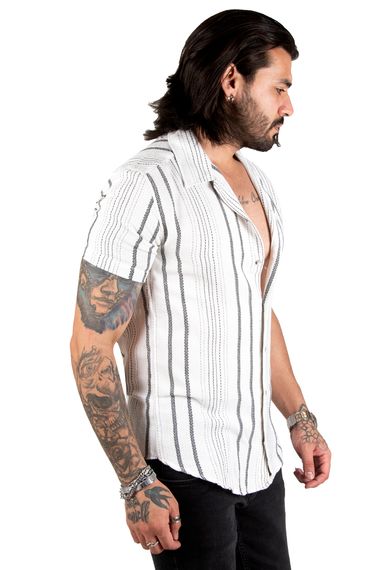 DeepSEA Stripe Patterned Buttoned Open Collar Raw Linen Short Sleeve Men's Shirt 2201913 - photo 3