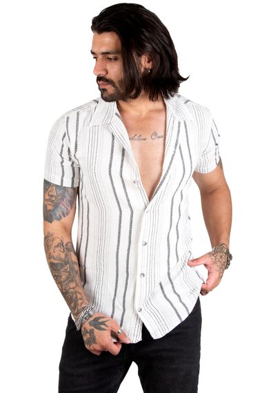 DeepSEA Stripe Patterned Buttoned Open Collar Raw Linen Short Sleeve Men's Shirt 2201913 - photo 4