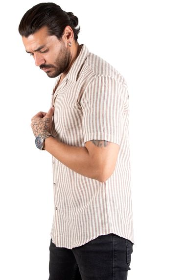 DeepSEA Fine Line Patterned Short Sleeve Raw Linen Men's Shirt 2201920 - photo 2